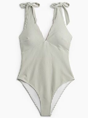 New H&M Classic Striped One-Piece Swimsuit - Olive/White